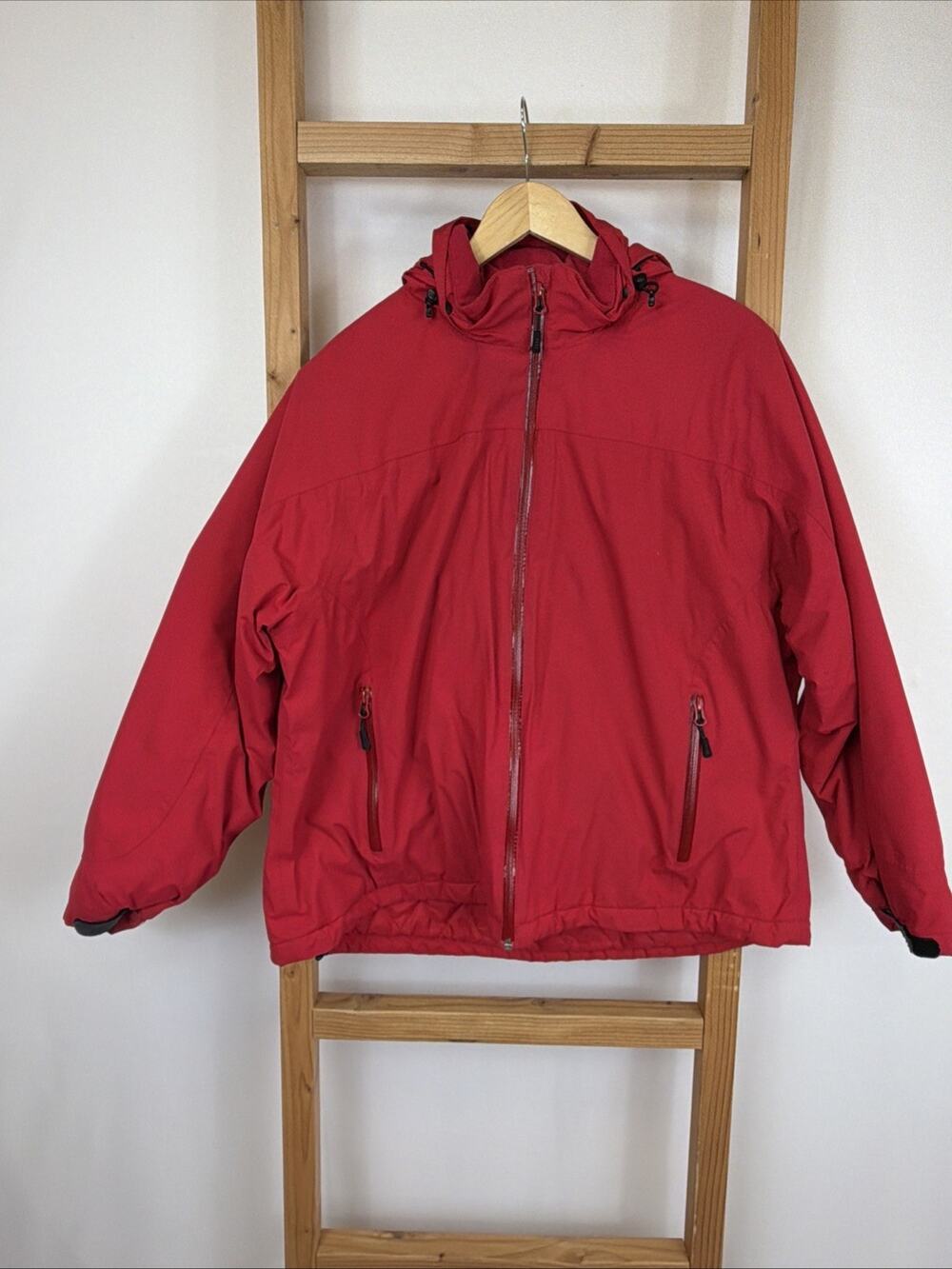 Lands End Red Zip Pockets Removable Hood Lined Zip Up Raincoat #1585 Size XL